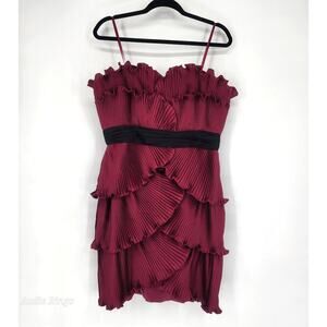 Max & Cleo Lipstick Red Pleated Ruffle Strapless Dress Black Waistband 14